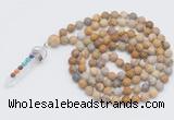 GMN2604 Hand-knotted 8mm, 10mm matte fossil coral 108 beads mala necklace with pendant