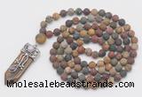 GMN2608 Hand-knotted 8mm, 10mm matte picasso jasper 108 beads mala necklace with pendant