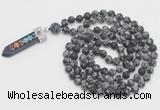 GMN2614 Hand-knotted 8mm, 10mm matte snowflake obsidian 108 beads mala necklace with pendant