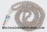 GMN2627 Knotted 8mm, 10mm matte grey agate 108 beads mala necklace with pendant