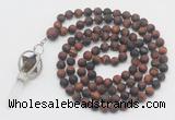 GMN2631 Knotted 8mm, 10mm matte red tiger eye 108 beads mala necklace with pendant