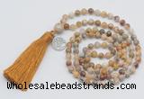 GMN323 Hand-knotted 6mm yellow crazy agate 108 beads mala necklaces with tassel & charm