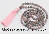 GMN325 Hand-knotted 6mm rhodonite 108 beads mala necklaces with tassel & charm