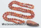 GMN4007 Hand-knotted 8mm, 10mm red banded agate 108 beads mala necklace with pendant