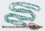 GMN4010 Hand-knotted 8mm, 10mm green banded agate 108 beads mala necklace with pendant