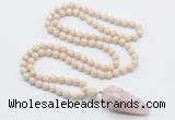 GMN4020 Hand-knotted 8mm, 10mm white fossil jasper 108 beads mala necklace with pendant