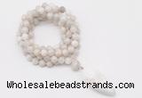 GMN4062 Hand-knotted 8mm, 10mm white crazy agate 108 beads mala necklace with pendant