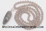 GMN4207 Hand-knotted 8mm, 10mm matte grey agate 108 beads mala necklace with pendant