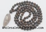 GMN4223 Hand-knotted 8mm, 10mm matte bronzite 108 beads mala necklace with pendant