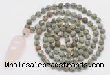 GMN4225 Hand-knotted 8mm, 10mm matte rhyolite 108 beads mala necklace with pendant