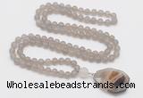 GMN4407 Hand-knotted 8mm, 10mm matte grey agate 108 beads mala necklace with pendant