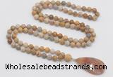 GMN4412 Hand-knotted 8mm, 10mm matte fossil coral 108 beads mala necklace with pendant