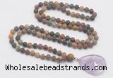 GMN4416 Hand-knotted 8mm, 10mm matte picasso jasper 108 beads mala necklace with pendant