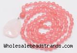 GMN4600 Hand-knotted 8mm, 10mm cherry quartz 108 beads mala necklace with pendant