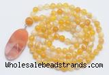 GMN4605 Hand-knotted 8mm, 10mm yellow banded agate 108 beads mala necklace with pendant