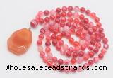 GMN4606 Hand-knotted 8mm, 10mm red banded agate 108 beads mala necklace with pendant