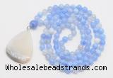 GMN4608 Hand-knotted 8mm, 10mm blue banded agate 108 beads mala necklace with pendant