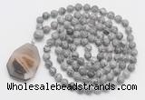 GMN4621 Hand-knotted 8mm, 10mm grey picture jasper 108 beads mala necklace with pendant