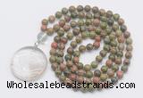 GMN4625 Hand-knotted 8mm, 10mm unakite 108 beads mala necklace with pendant