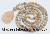 GMN4636 Hand-knotted 8mm, 10mm fossil coral 108 beads mala necklace with pendant