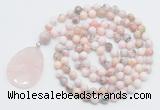 GMN4641 Hand-knotted 8mm, 10mm natural pink opal 108 beads mala necklace with pendant