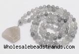 GMN4647 Hand-knotted 8mm, 10mm cloudy quartz 108 beads mala necklace with pendant