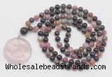 GMN4654 Hand-knotted 8mm, 10mm tourmaline 108 beads mala necklace with pendant