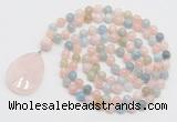 GMN4655 Hand-knotted 8mm, 10mm morganite 108 beads mala necklace with pendant