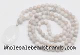 GMN4660 Hand-knotted 8mm, 10mm white crazy agate 108 beads mala necklace with pendant