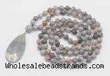 GMN4663 Hand-knotted 8mm, 10mm silver needle agate 108 beads mala necklace with pendant