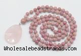 GMN4672 Hand-knotted 8mm, 10mm pink wooden jasper 108 beads mala necklace with pendant