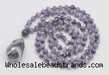 GMN4813 Hand-knotted 8mm, 10mm dogtooth amethyst 108 beads mala necklace with pendant