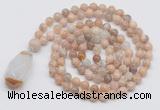 GMN4823 Hand-knotted 8mm, 10mm sunstone 108 beads mala necklace with pendant