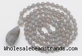 GMN4825 Hand-knotted 8mm, 10mm grey agate 108 beads mala necklace with pendant