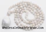 GMN4829 Hand-knotted 8mm, 10mm white crazy agate 108 beads mala necklace with pendant