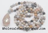 GMN4833 Hand-knotted 8mm, 10mm bamboo leaf agate 108 beads mala necklace with pendant