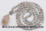 GMN4839 Hand-knotted 8mm, 10mm grey banded agate 108 beads mala necklace with pendant