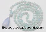 GMN4909 Hand-knotted 8mm, 10mm sea blue banded agate 108 beads mala necklace with pendant