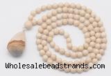 GMN4920 Hand-knotted 8mm, 10mm white fossil jasper 108 beads mala necklace with pendant