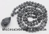 GMN4930 Hand-knotted 8mm, 10mm snowflake obsidian 108 beads mala necklace with pendant