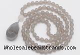 GMN5007 Hand-knotted 8mm, 10mm matte grey agate 108 beads mala necklace with pendant