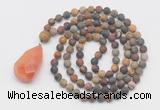 GMN5017 Hand-knotted 8mm, 10mm matte picasso jasper 108 beads mala necklace with pendant