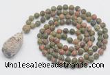 GMN5025 Hand-knotted 8mm, 10mm matte unakite 108 beads mala necklace with pendant