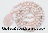 GMN5057 Hand-knotted 8mm, 10mm matte natural pink opal 108 beads mala necklace with pendant