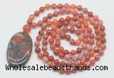 GMN5063 Hand-knotted 8mm, 10mm fire agate 108 beads mala necklace with pendant