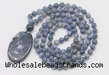 GMN5065 Hand-knotted 8mm, 10mm blue spot stone 108 beads mala necklace with pendant