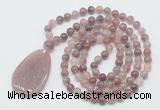 GMN5090 Hand-knotted 8mm, 10mm purple strawberry quartz 108 beads mala necklace with pendant