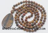 GMN5092 Hand-knotted 8mm, 10mm red moss agate 108 beads mala necklace with pendant