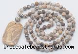 GMN5122 Hand-knotted 8mm, 10mm matte zebra jasper 108 beads mala necklace with pendant