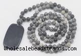 GMN5125 Hand-knotted 8mm, 10mm matte black water jasper 108 beads mala necklace with pendant